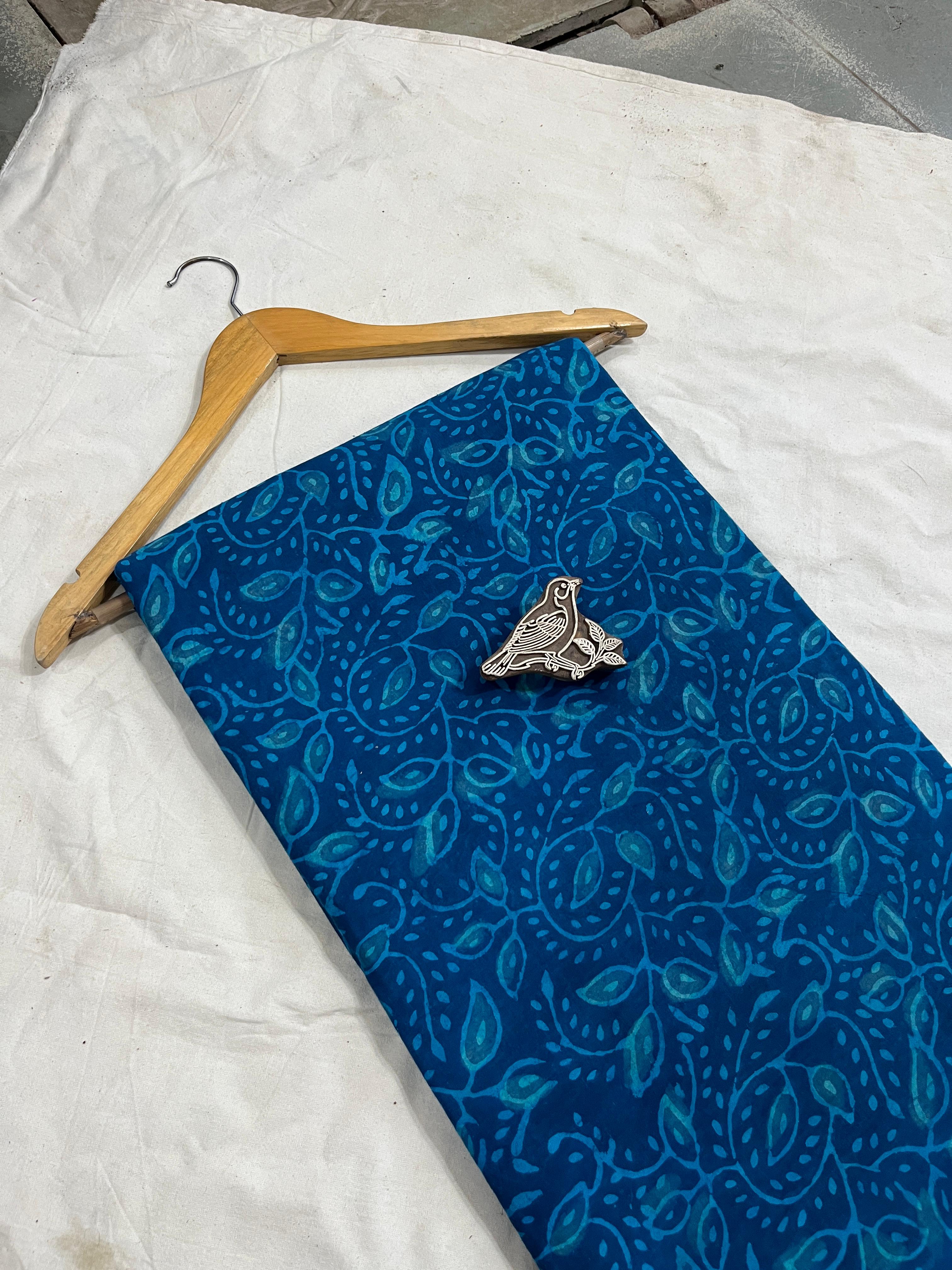 Blue jaal leaf Dabu handblock cotton fabric, artisan-crafted pure cotton wholesale textile